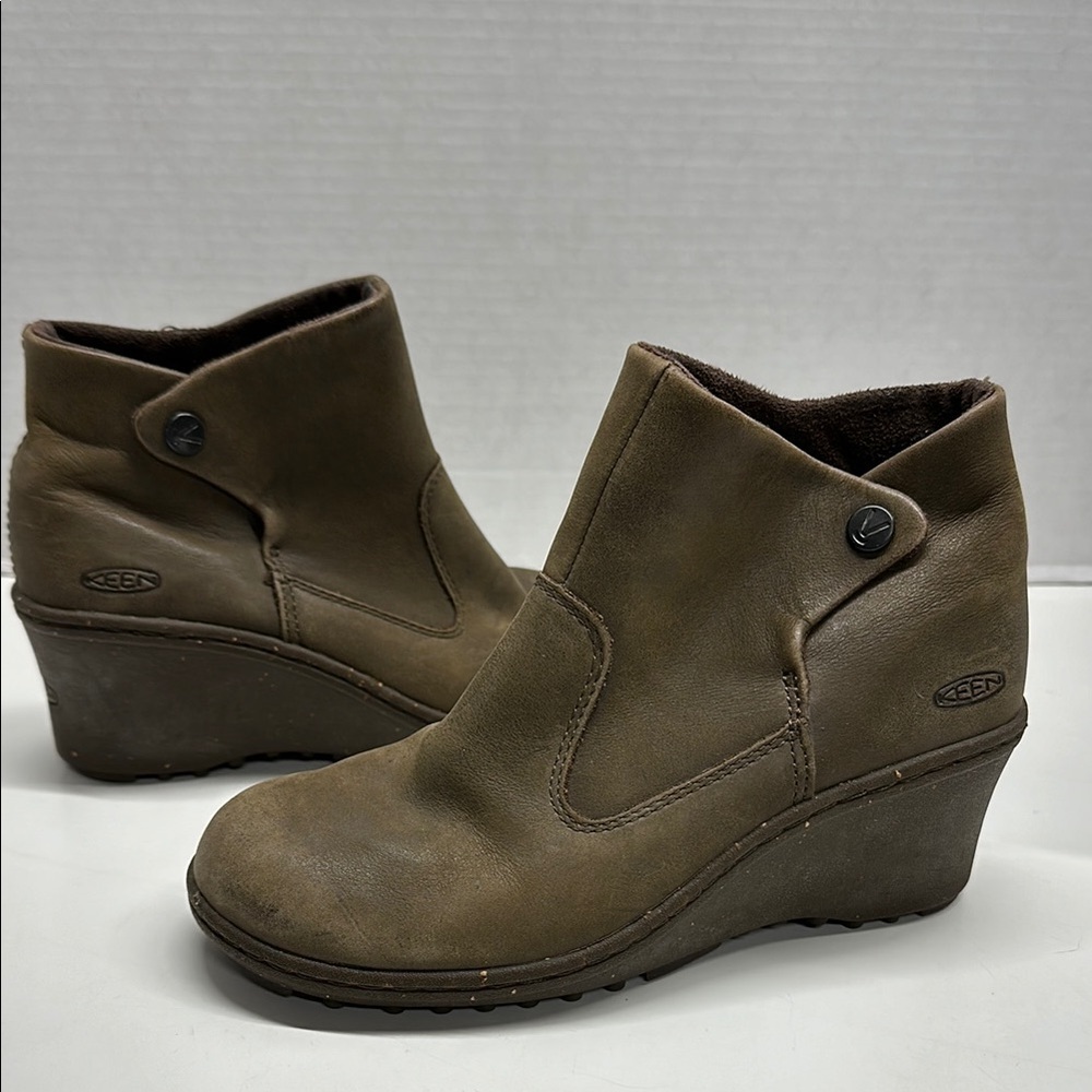 Keen Akita Wedges Booties Ankle Boots Nubuck Leather Shoes Tan Brown Size 6